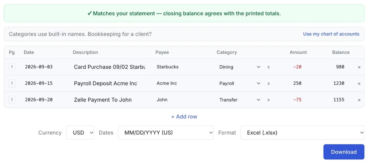 Review screen showing three converted checking transactions with payee, category, amount and balance, and a green banner saying the closing balance agrees with the statement